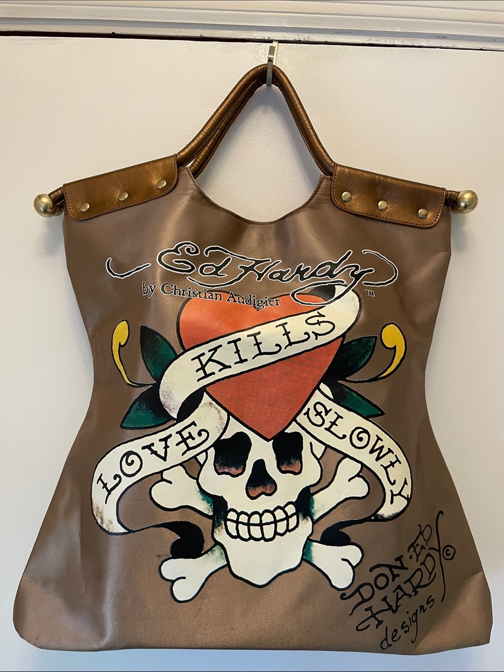 Ed Hardy by Christian Audigier Bronze Tote with Love Kills Slowly Skull & Heart